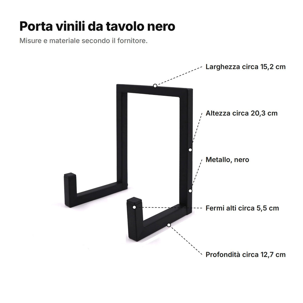 Porta vinili da tavolo nero spiegato: larghezza circa 15,2 cm, altezza circa 20,3 cm, profondità circa 12,7 cm, fermi alti circa 5,5 cm, in metallo