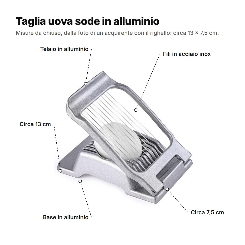 Il taglia uova spiegato: telaio e base in alluminio, fili in acciaio inox, circa 13 cm di lunghezza e 7,5 cm di larghezza