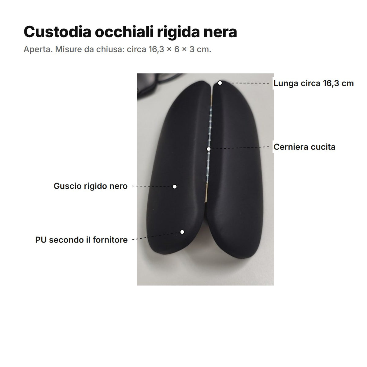 Custodia occhiali rigida nera spiegata: lunga circa 16,3 cm, cerniera cucita, guscio rigido nero, PU secondo il fornitore