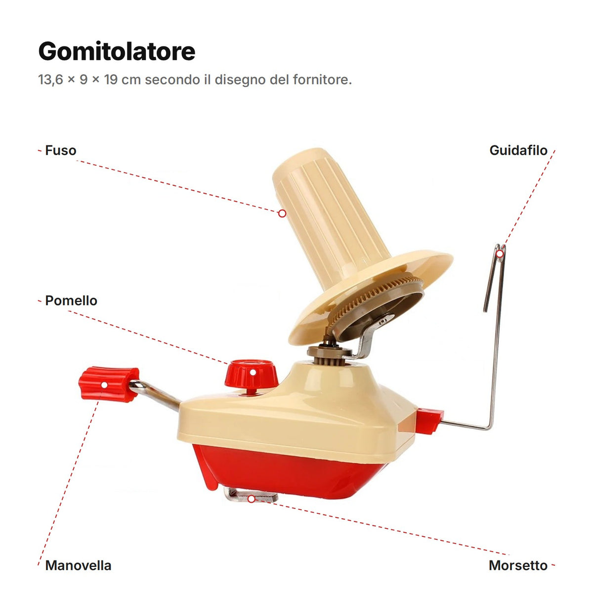 Gomitolatore spiegato: fuso, guidafilo, pomello, manovella e morsetto, 13,6 × 9 × 19 cm