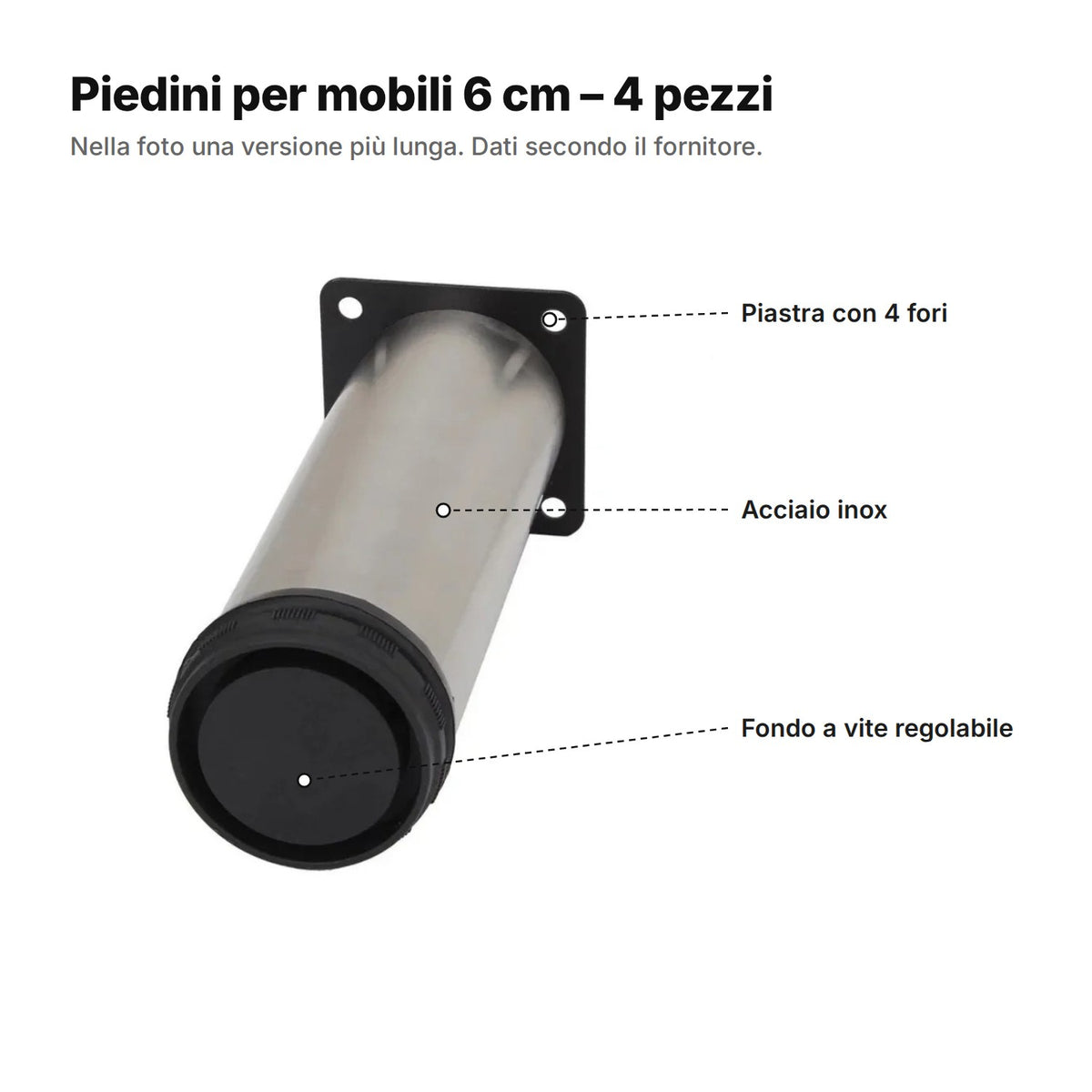 Piedini per mobili 6 cm spiegati: piastra con quattro fori, tubo in acciaio inox e fondo a vite regolabile – nella foto una versione più lunga