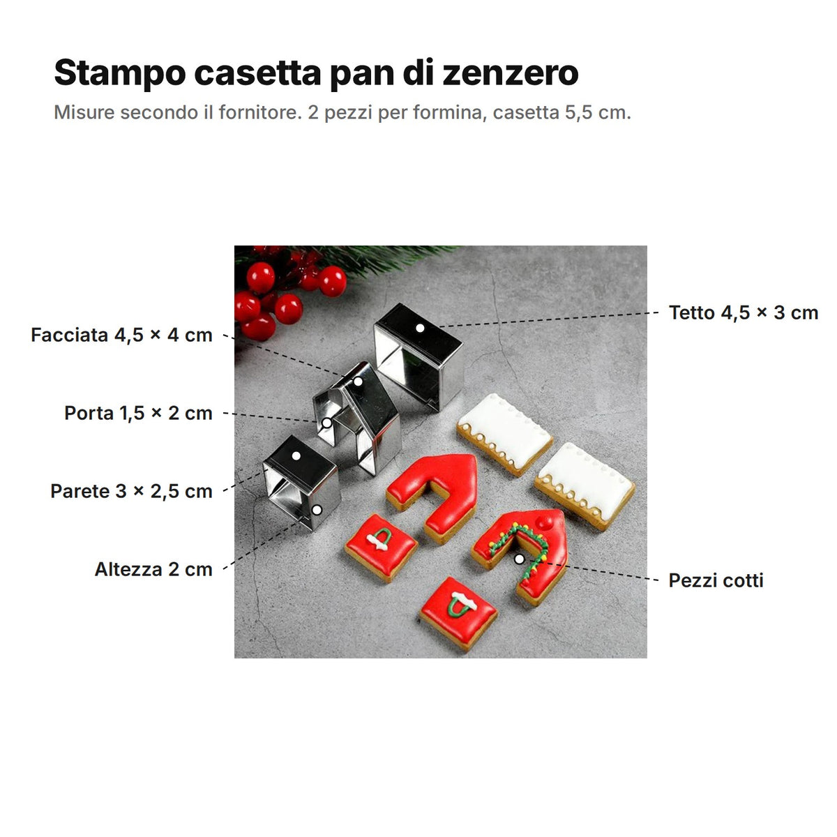 Stampo casetta pan di zenzero spiegato: facciata 4,5 × 4 cm, porta 1,5 × 2 cm, parete 3 × 2,5 cm, tetto 4,5 × 3 cm, altezza 2 cm, pezzi cotti