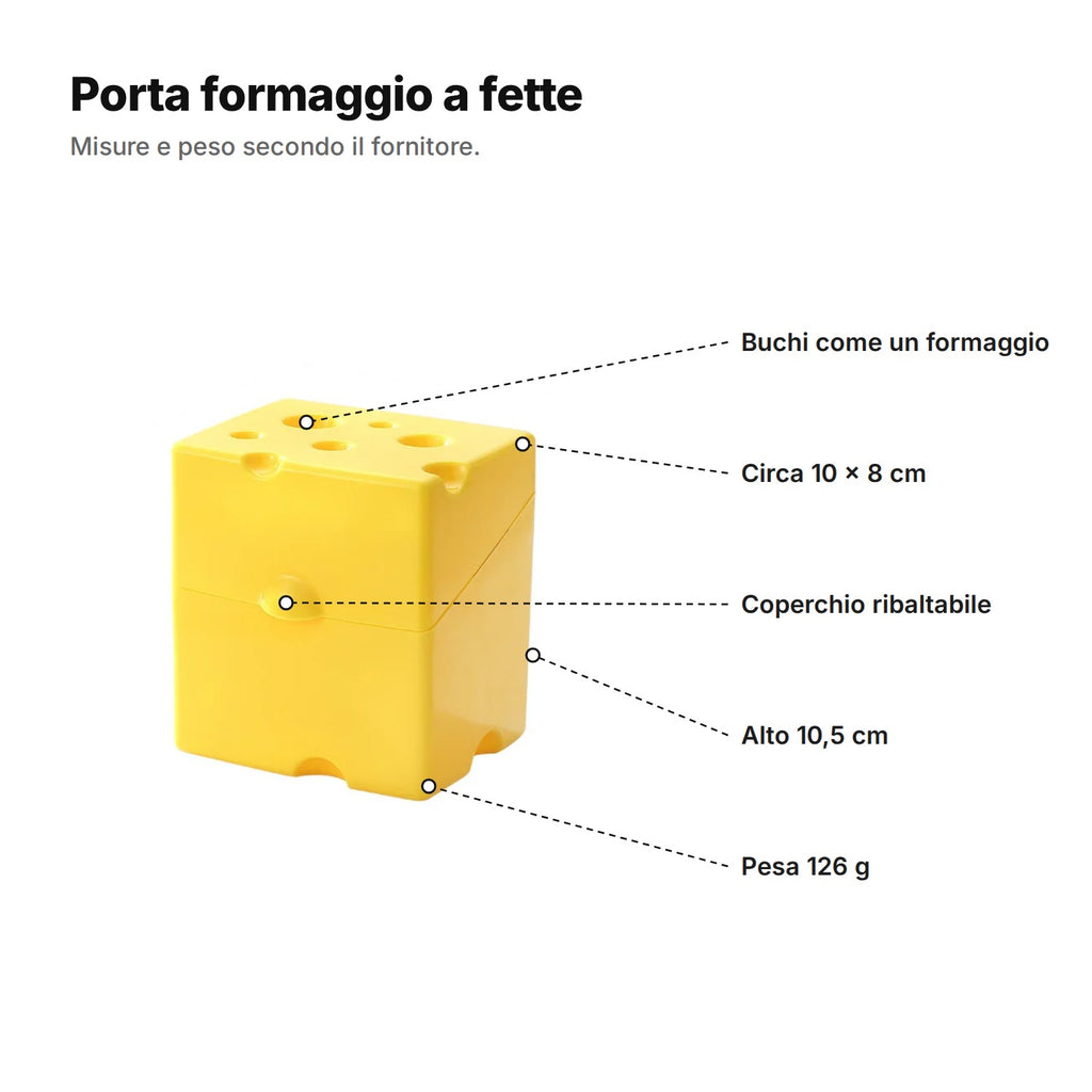 Il porta formaggio a fette spiegato: buchi come un formaggio, circa 10 × 8 cm, coperchio ribaltabile, alto 10,5 cm, pesa 126 g
