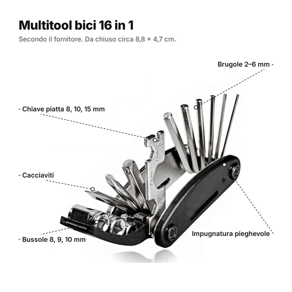Multitool bici 16 in 1 spiegato: brugole da 2 a 6 mm, chiave piatta da 8, 10 e 15 mm, cacciaviti e chiavi a bussola da 8, 9 e 10 mm e impugnatura pieghevole