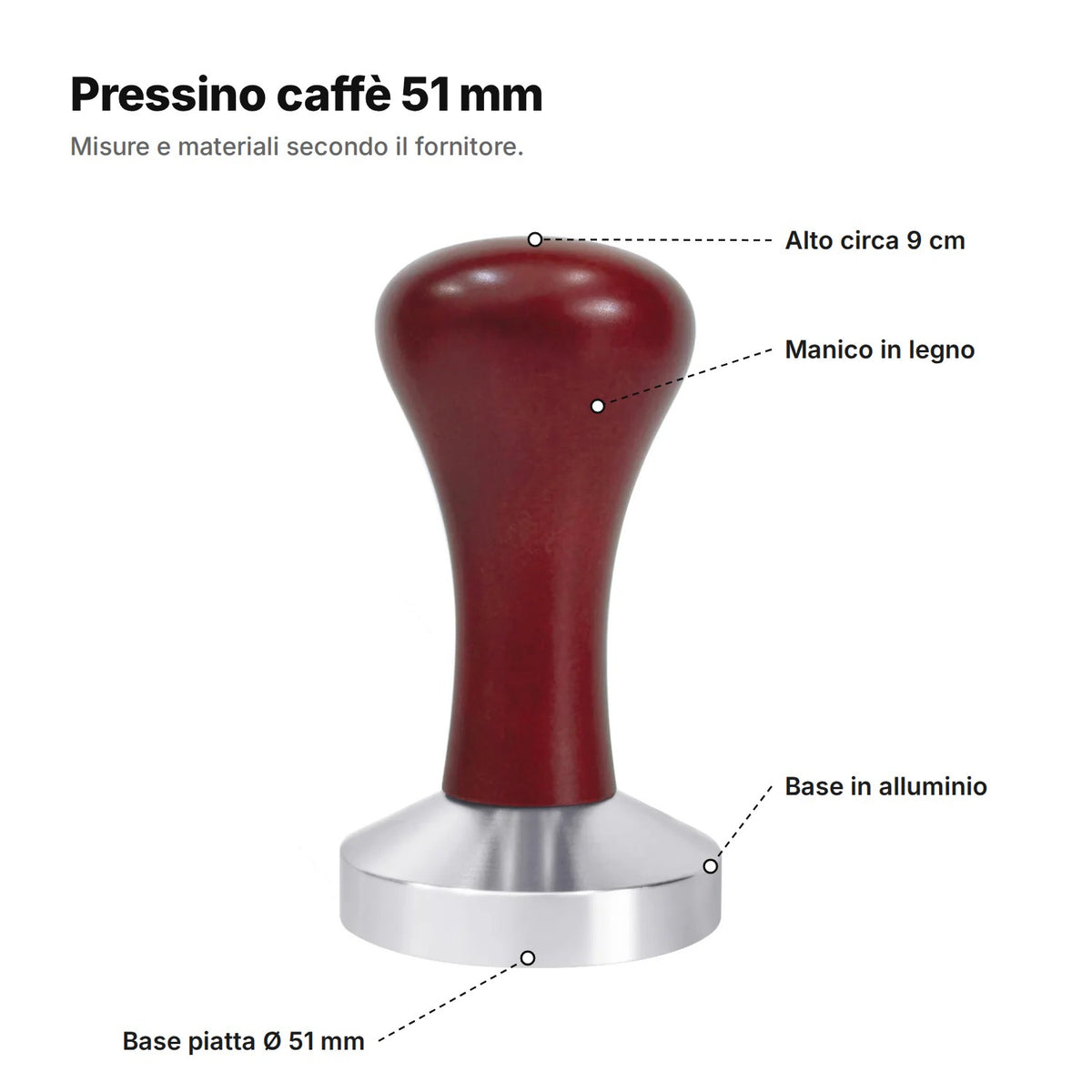 Il pressino spiegato: alto circa 9 cm, manico in legno, base in alluminio e base piatta Ø 51 mm