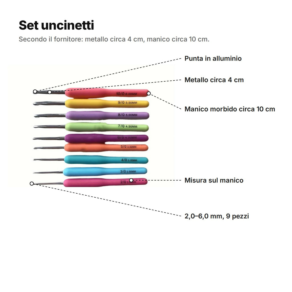 Set uncinetti spiegato: punta in alluminio, metallo circa 4 cm, manico morbido circa 10 cm, misura stampata sul manico, 2,0–6,0 mm