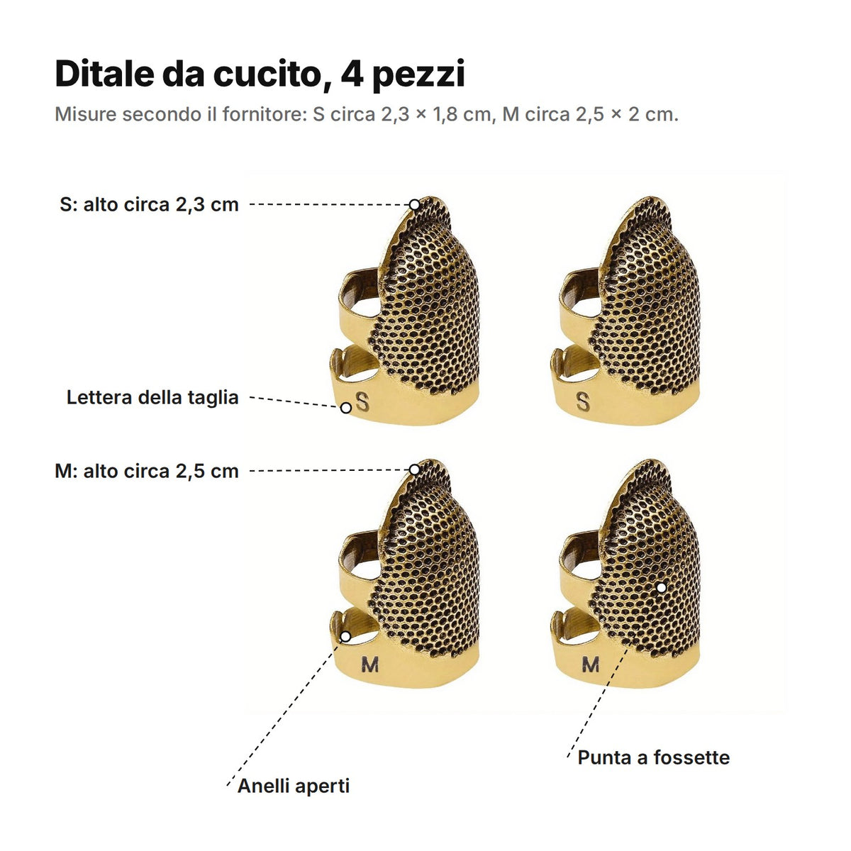 Ditale da cucito, 4 pezzi, spiegato: taglia S alta circa 2,3 cm e M circa 2,5 cm, lettera della taglia, anelli aperti e punta a fossette
