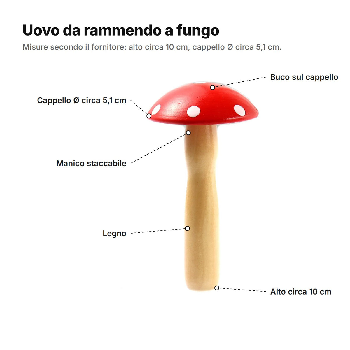 L'uovo da rammendo a fungo spiegato: cappello Ø circa 5,1 cm, manico staccabile in legno, il buco va sul cappello, alto circa 10 cm