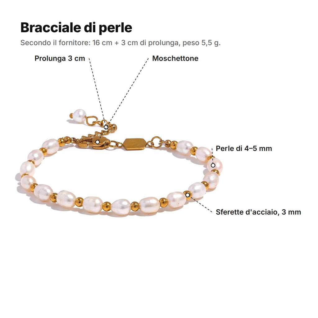 Bracciale di perle spiegato: prolunga 3 cm, moschettone, perle di 4–5 mm e sferette d'acciaio di 3 mm