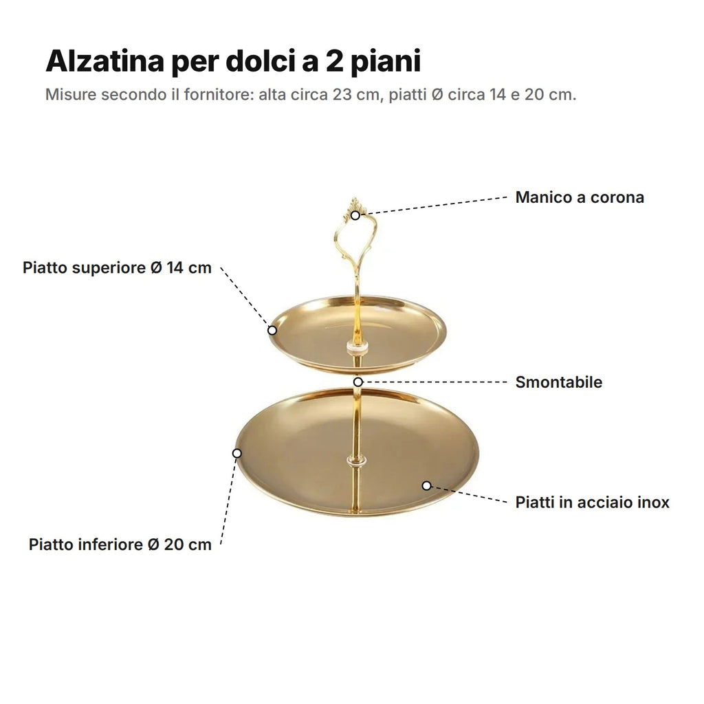 L'alzatina spiegata: manico a corona, piatto superiore Ø 14 cm, piatto inferiore Ø 20 cm, piatti in acciaio inox e asta centrale smontabile