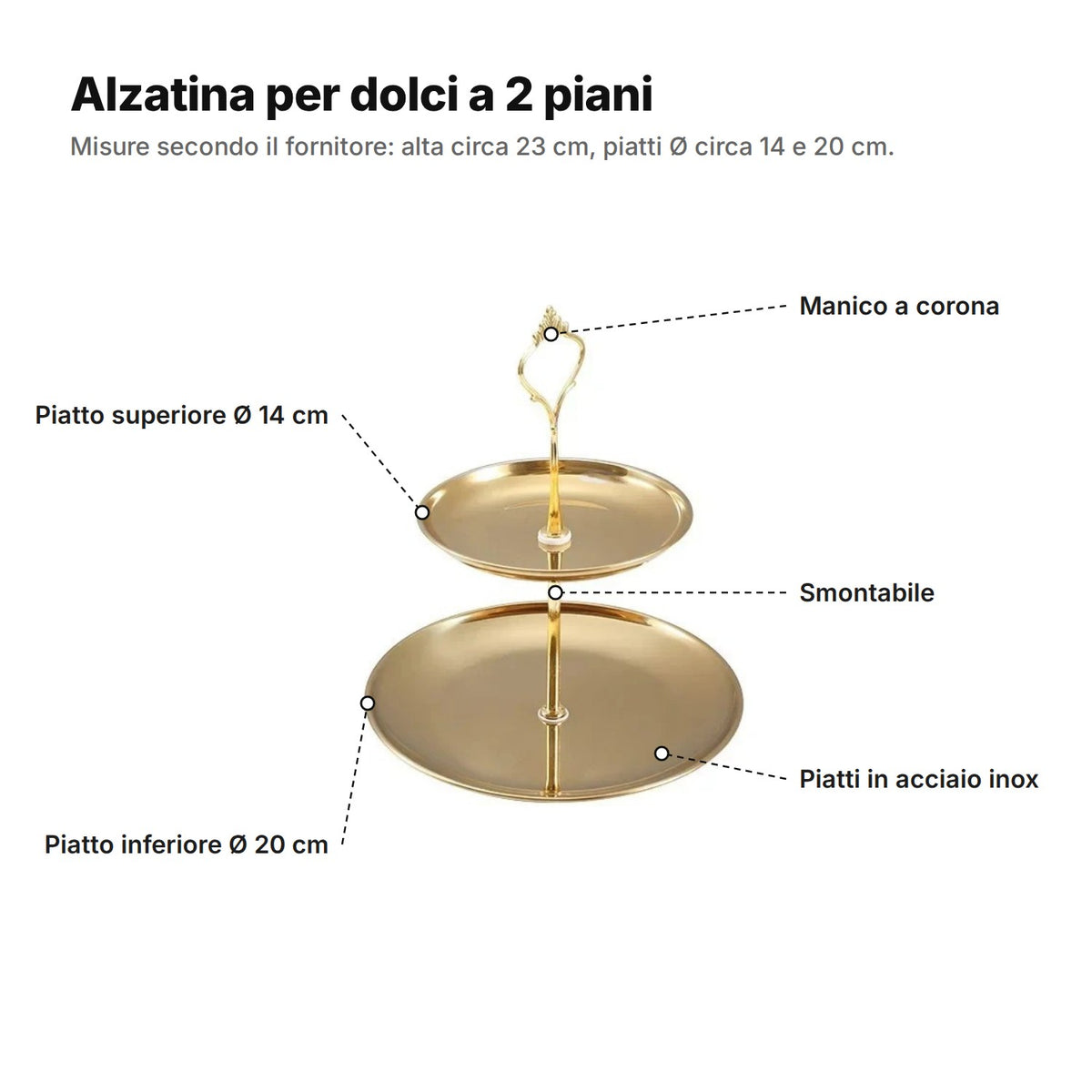 L'alzatina spiegata: manico a corona, piatto superiore Ø 14 cm, piatto inferiore Ø 20 cm, piatti in acciaio inox e asta centrale smontabile