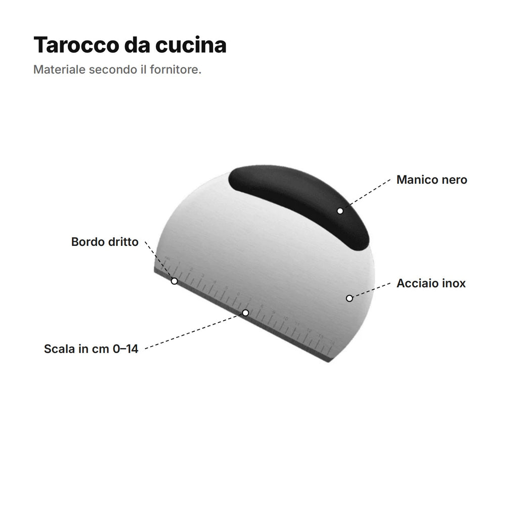 Tarocco da cucina spiegato: manico nero, lama in acciaio inox, bordo dritto e scala in cm da 0 a 14