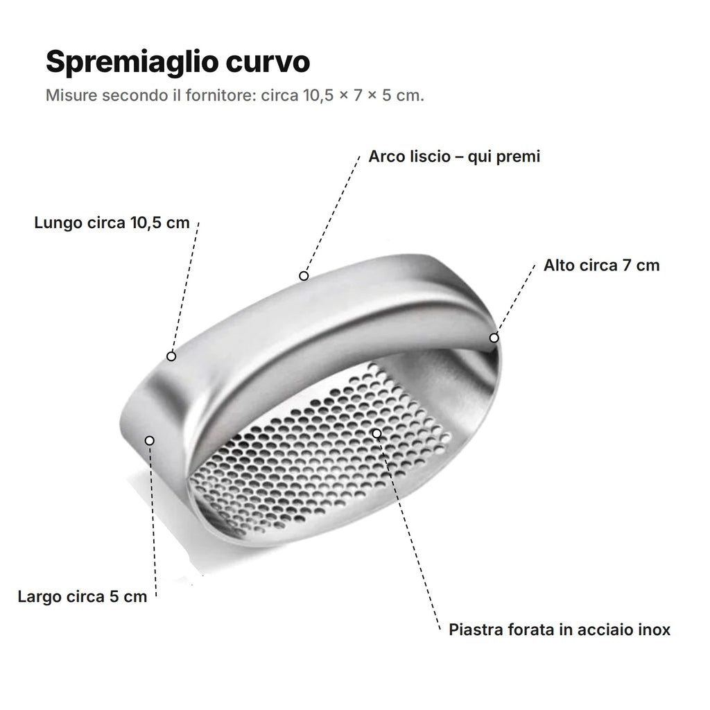 Lo spremiaglio spiegato: arco liscio, piastra forata in acciaio inox, lungo circa 10,5 cm, alto 7 cm e largo 5 cm