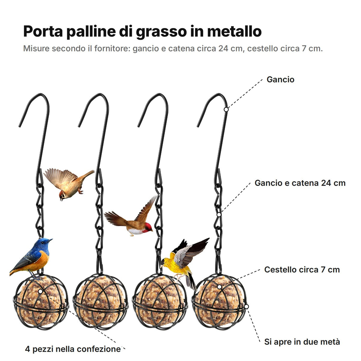Il porta palline di grasso spiegato: gancio, gancio e catena di 24 cm, cestello di circa 7 cm che si apre in due metà, 4 pezzi nella confezione