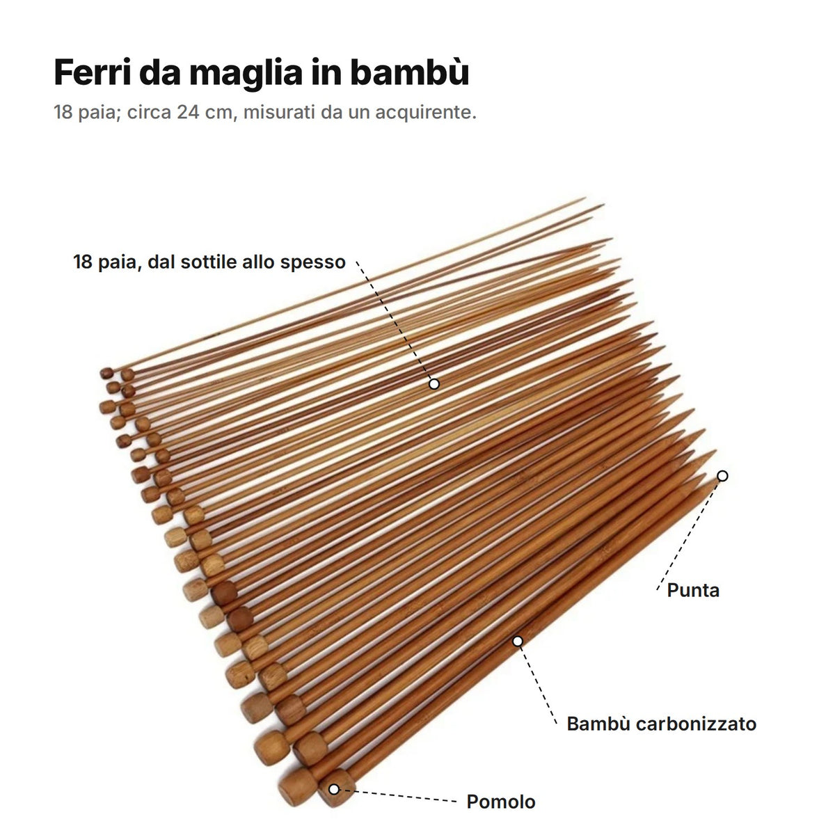 I ferri da maglia spiegati: 18 paia dal sottile allo spesso, punta, bambù carbonizzato e pomolo