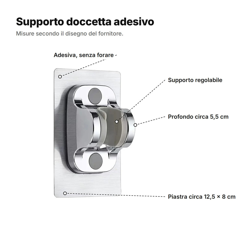 Supporto doccetta spiegato: supporto regolabile, profondo circa 5,5 cm, piastra adesiva di circa 12,5 × 8 cm, senza forare