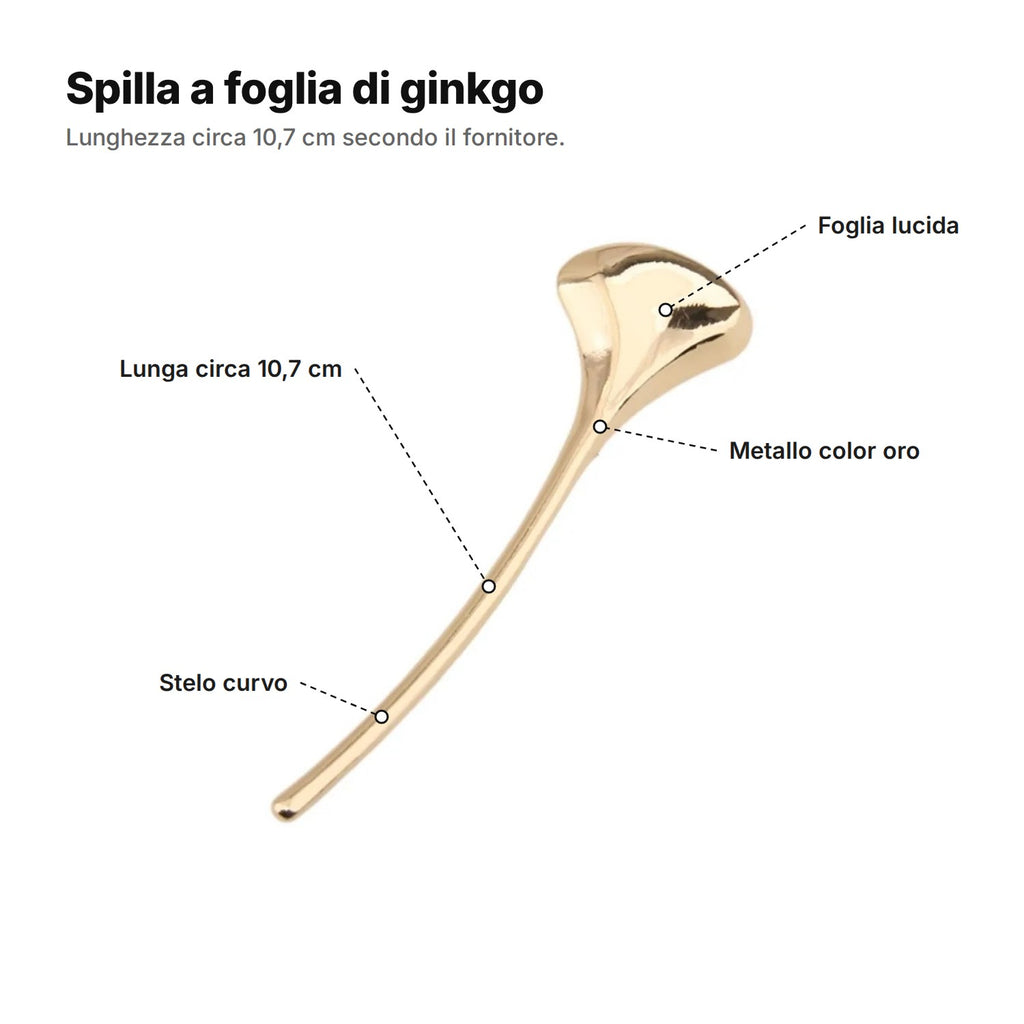 Spilla a foglia di ginkgo spiegata: foglia lucida, metallo color oro, lunga circa 10,7 cm, stelo curvo
