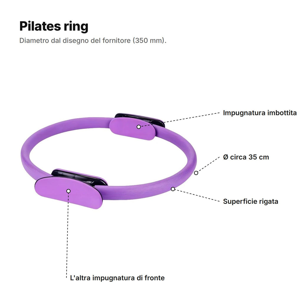 Pilates ring viola: impugnatura imbottita, diametro di circa 35 cm, superficie rigata e l'altra impugnatura di fronte