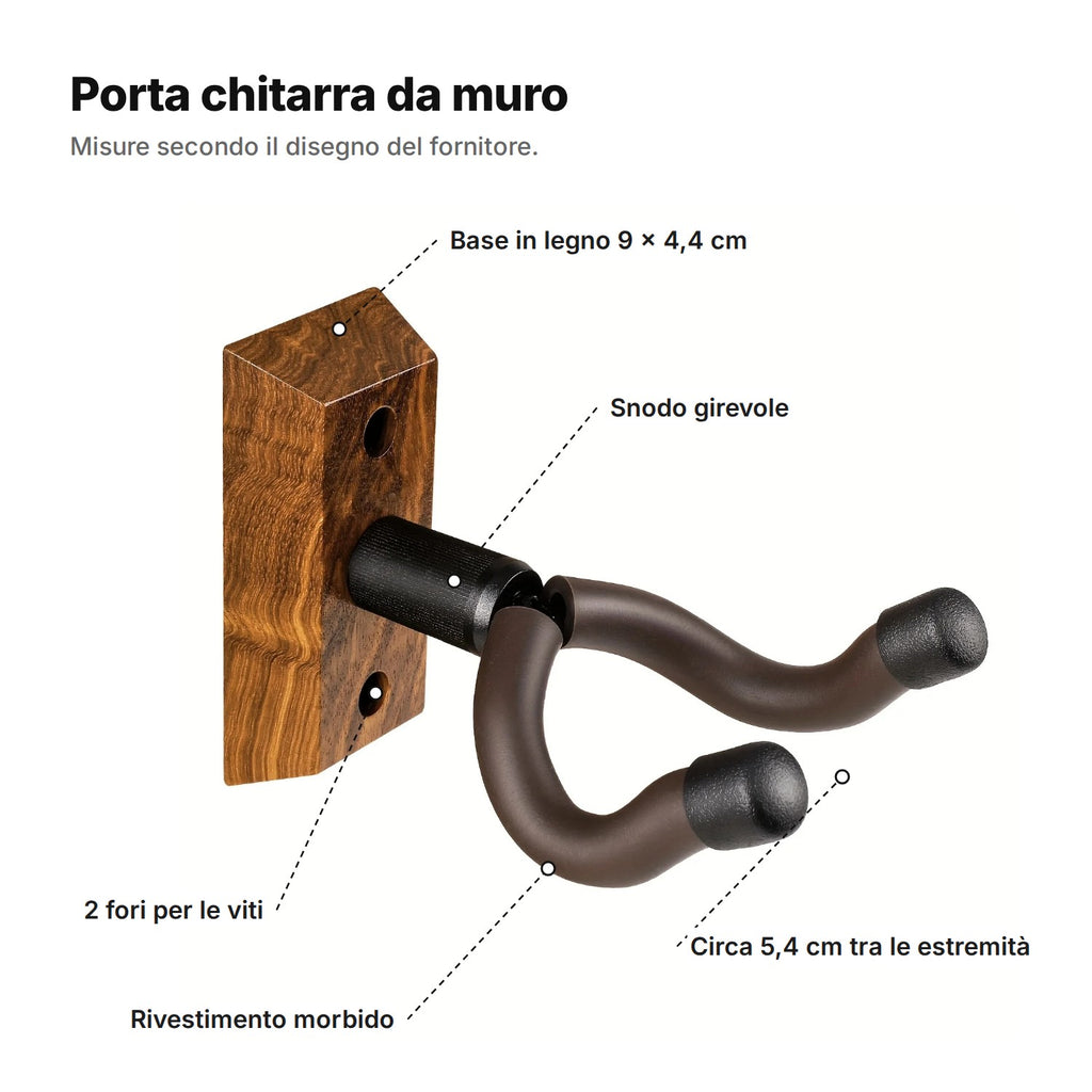 Il porta chitarra spiegato: base in legno 9 × 4,4 cm, 2 fori per le viti, snodo girevole, rivestimento morbido e circa 5,4 cm tra le estremità del gancio