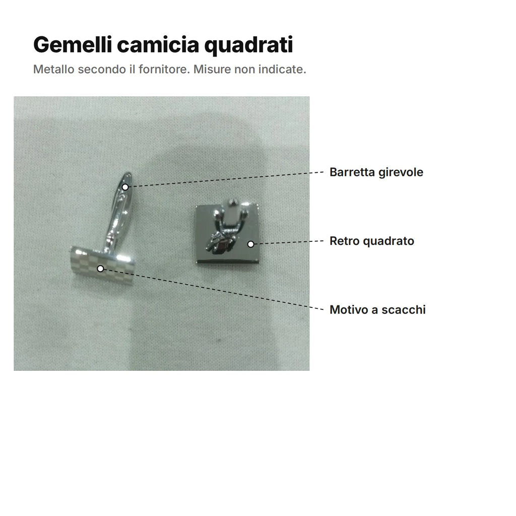 Gemelli camicia quadrati spiegati: barretta girevole, retro quadrato e motivo a scacchi