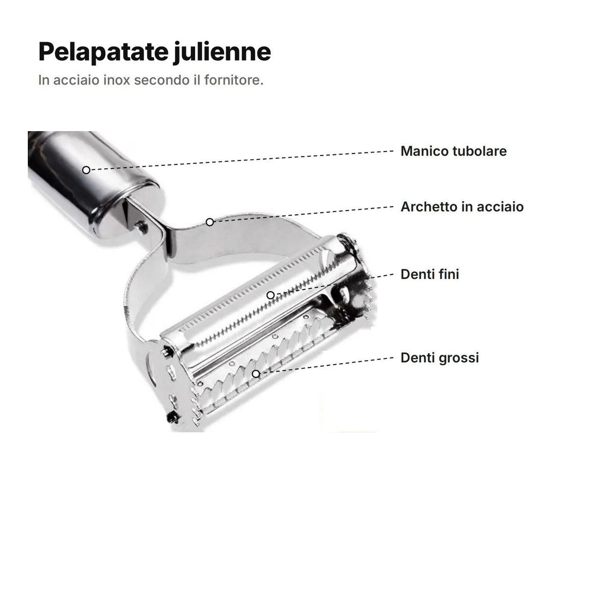 Il pelapatate julienne spiegato: manico tubolare, archetto in acciaio, denti fini e denti grossi sulla lama