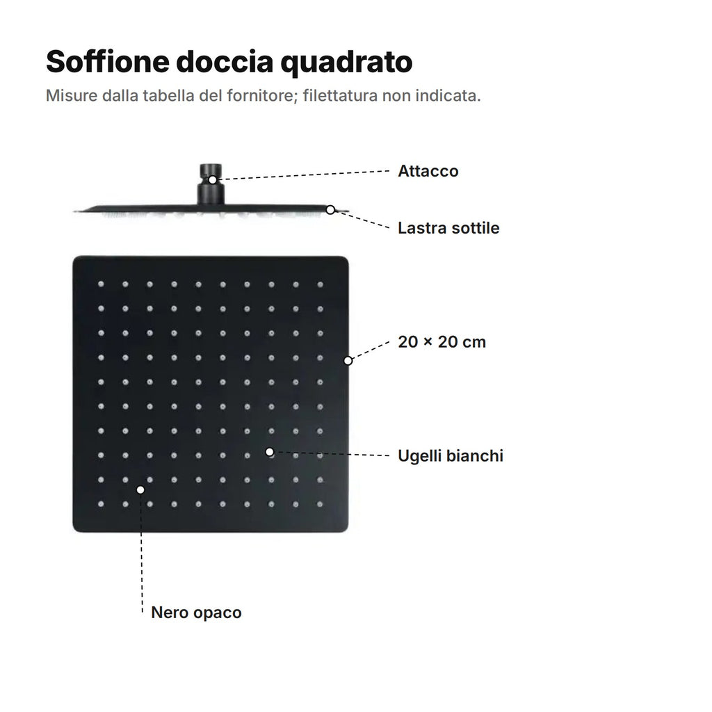 Soffione quadrato nero di lato e da sotto: attacco, lastra sottile, 20 × 20 cm, ugelli bianchi e finitura nera opaca