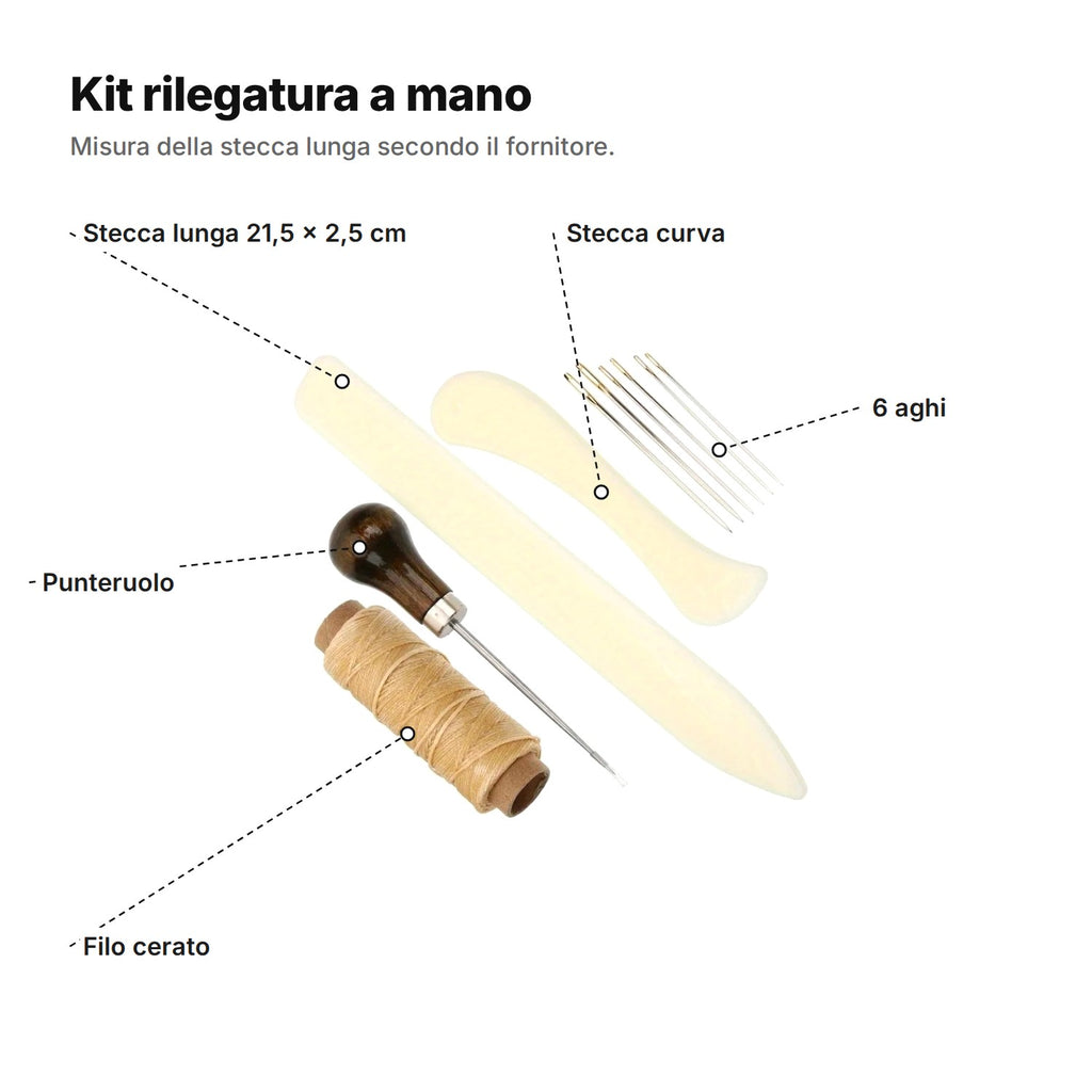 Kit rilegatura con didascalie: stecca lunga 21,5 × 2,5 cm, stecca curva, 6 aghi, punteruolo e filo cerato