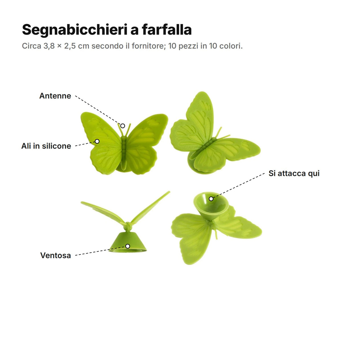 Segnabicchieri a farfalla spiegati: antenne, ali in silicone, ventosa e lato che si attacca al bicchiere