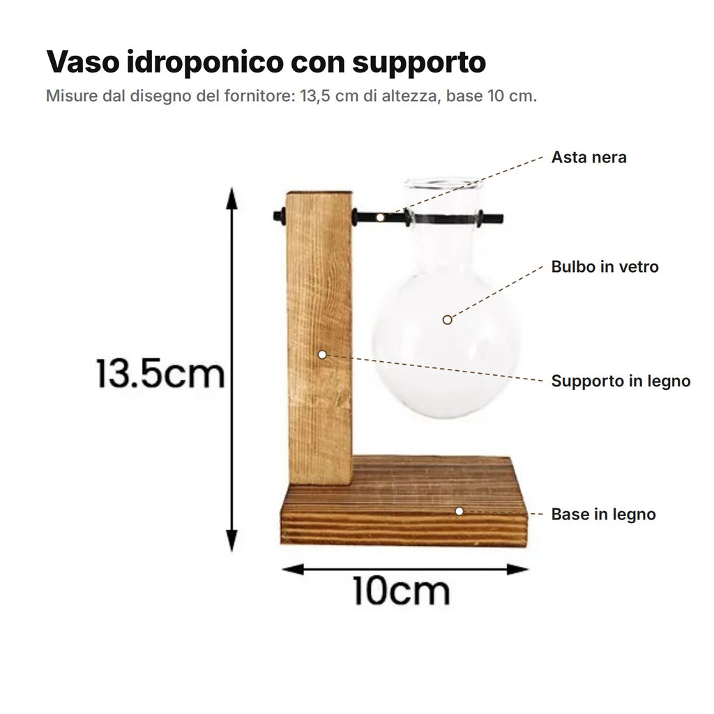 Vaso idroponico con supporto: asta nera, bulbo in vetro, supporto e base in legno, alto 13,5 cm e largo 10 cm