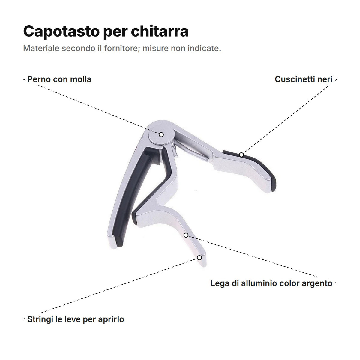 Il capotasto spiegato: perno con molla, cuscinetti neri, lega di alluminio color argento e leve da stringere per aprirlo