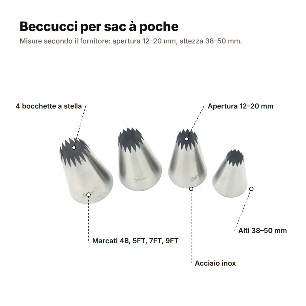 I beccucci spiegati: 4 bocchette a stella aperta in acciaio inox, apertura 12–20 mm, alti 38–50 mm, marcati 4B, 5FT, 7FT e 9FT
