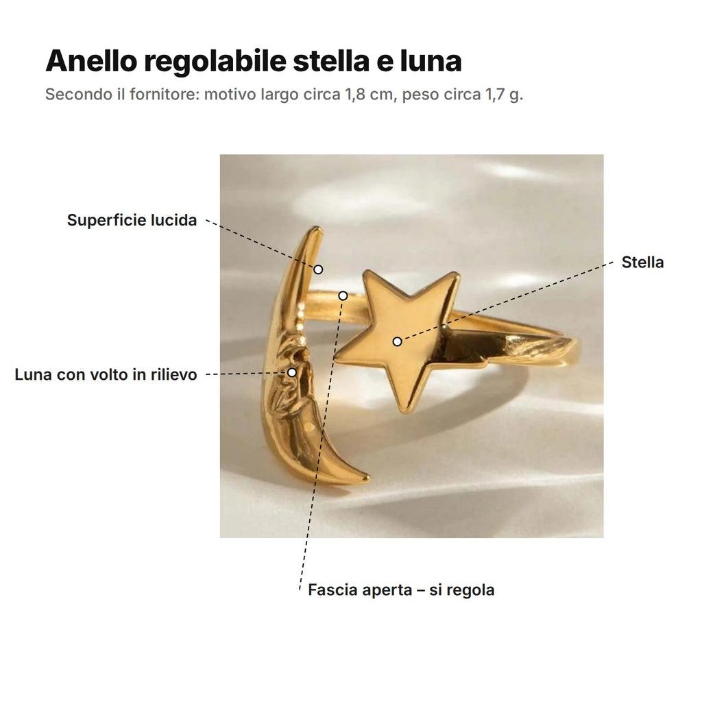Anello regolabile stella e luna spiegato: superficie lucida, luna con volto in rilievo, stella, fascia aperta, motivo largo circa 1,8 cm