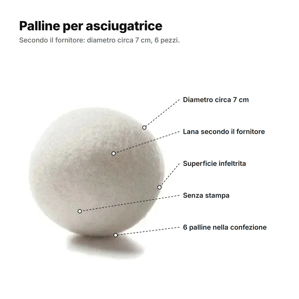 Palline per asciugatrice spiegate: diametro circa 7 cm, lana secondo il fornitore, superficie infeltrita, senza stampa, 6 palline nella confezione