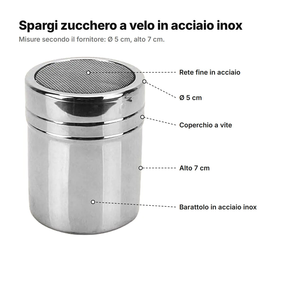 Lo spargi zucchero spiegato: rete fine in acciaio, Ø 5 cm, coperchio a vite, alto 7 cm, barattolo in acciaio inox