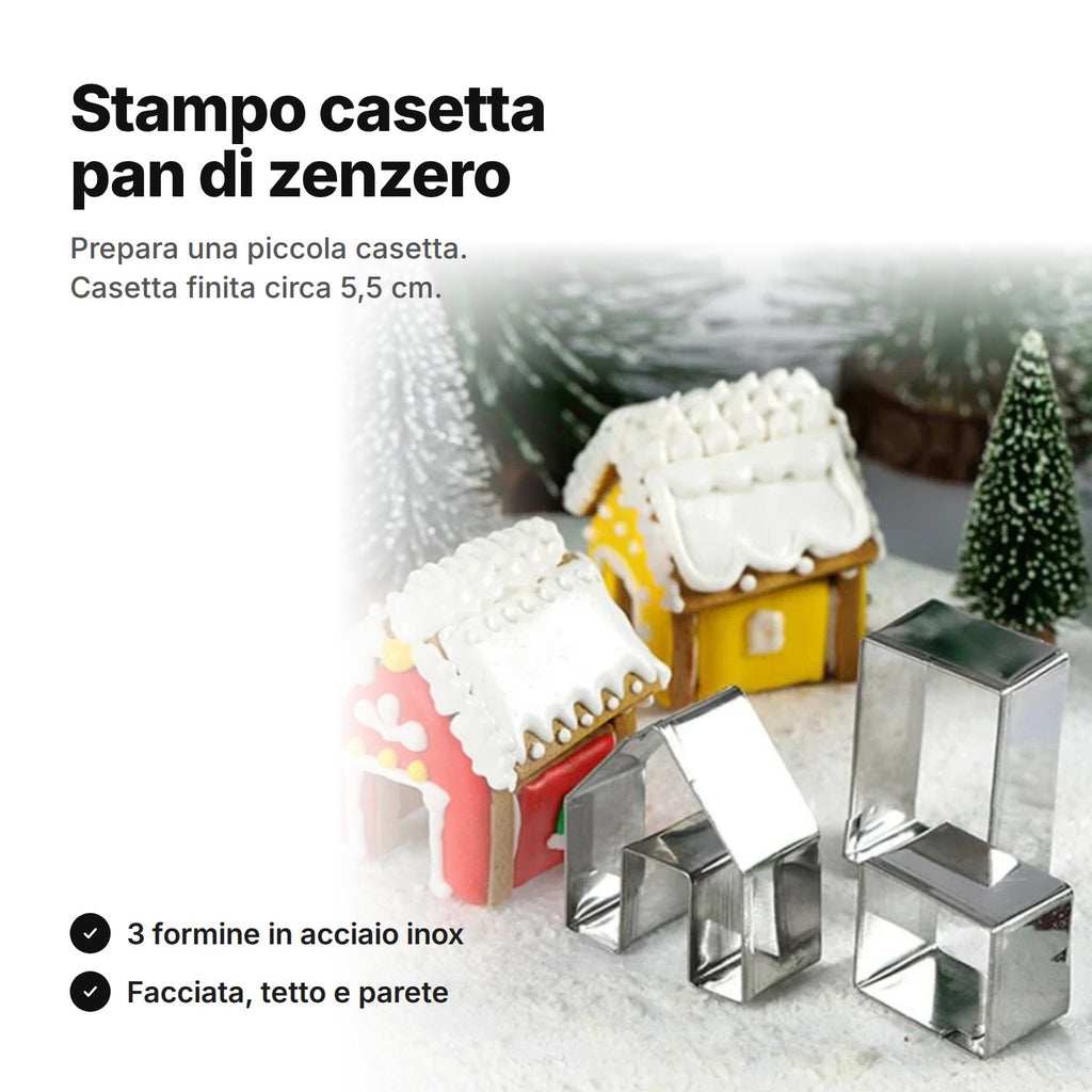 Stampo casetta pan di zenzero: tre formine in acciaio e due mini casette decorate, casetta finita circa 5,5 cm