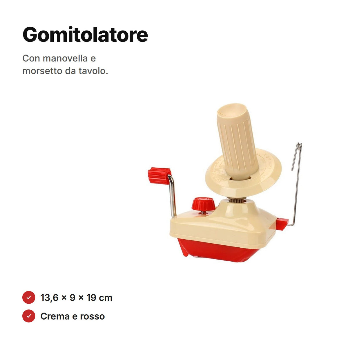 Gomitolatore manuale crema e rosso con manovella, guidafilo e morsetto da tavolo, 13,6 × 9 × 19 cm