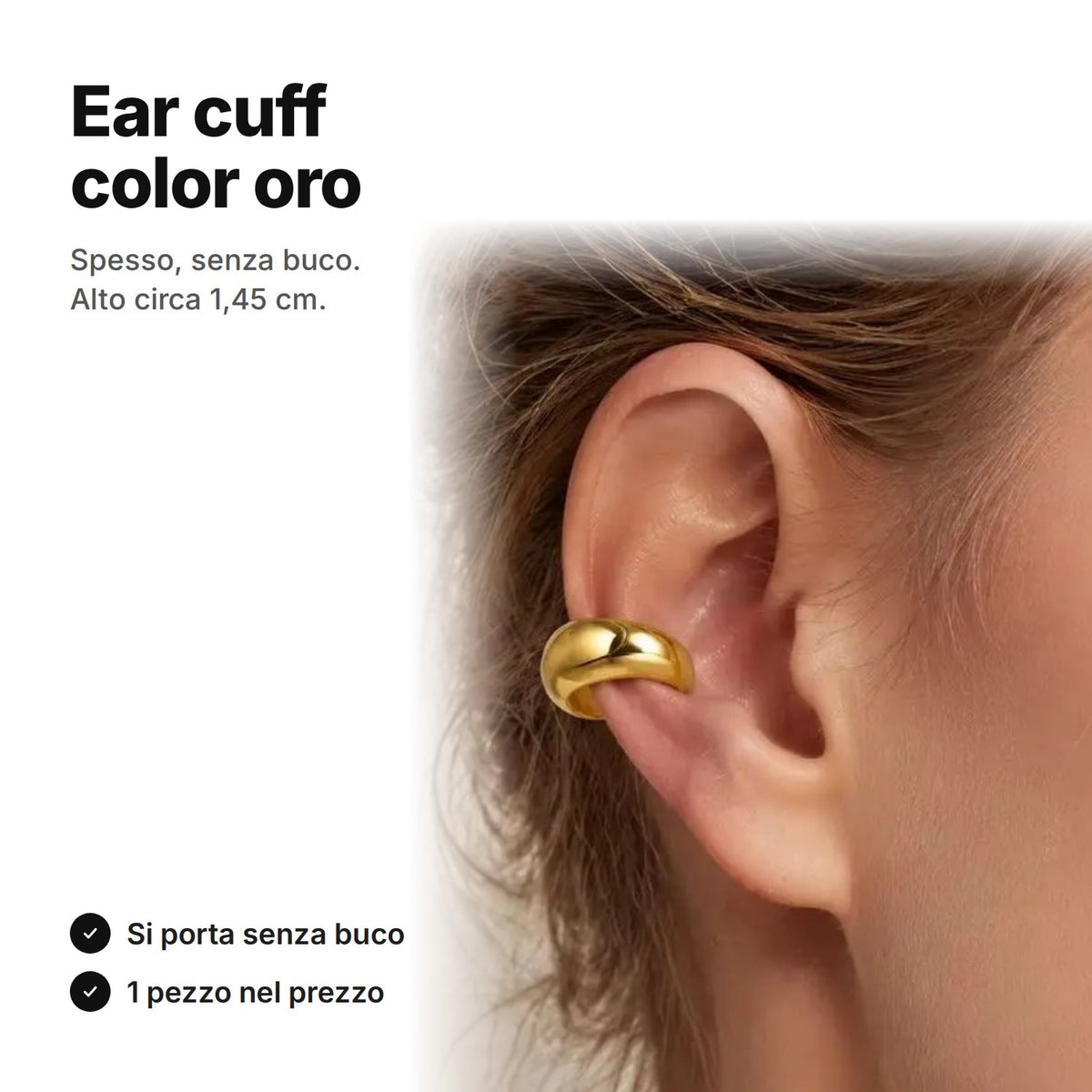 Ear cuff color oro spesso sull'orecchio senza buco, alto circa 1,45 cm