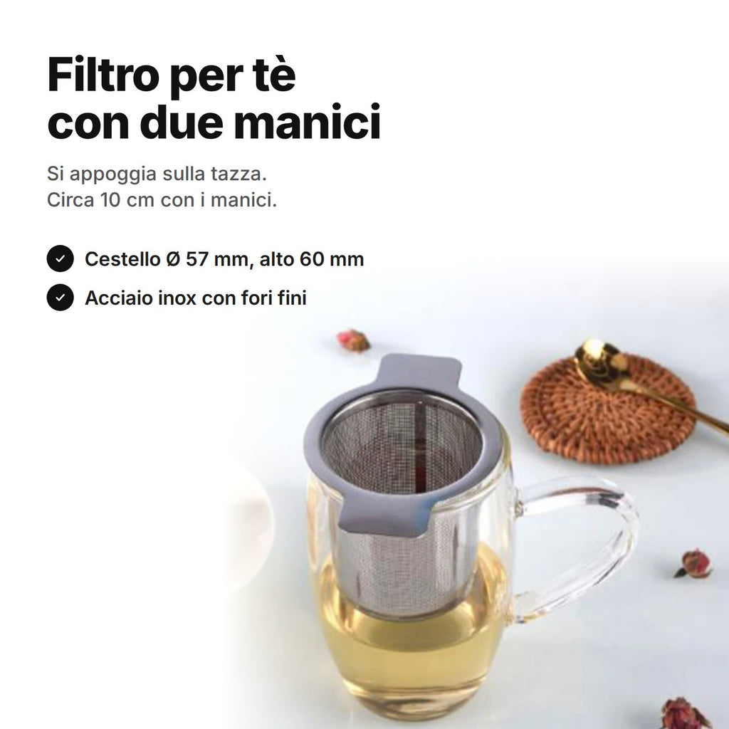 Filtro per tè in acciaio inox con due manici su una tazza di vetro – cestello Ø 57 mm, circa 10 cm con i manici