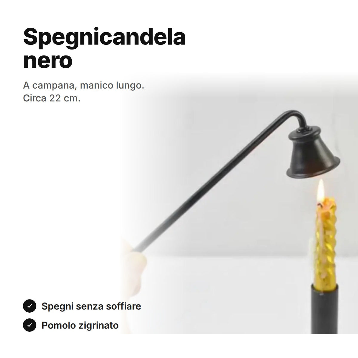 Spegnicandela nero a campana con manico lungo, circa 22 cm
