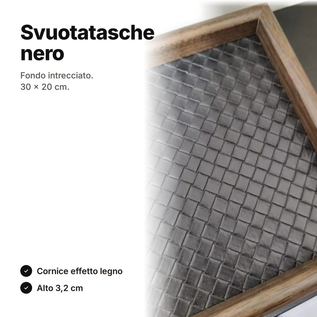 Svuotatasche nero di 30 × 20 cm con fondo in similpelle intrecciata e cornice color legno scuro