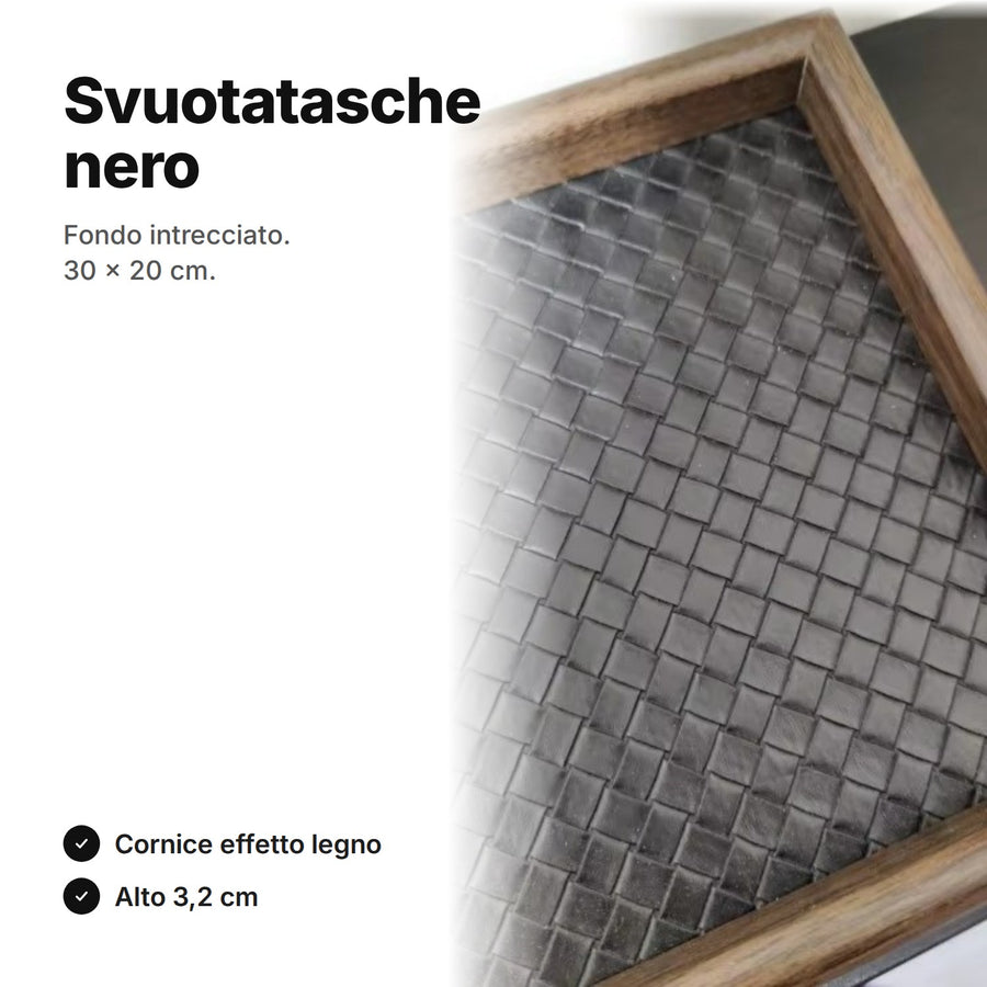 Svuotatasche nero di 30 × 20 cm con fondo in similpelle intrecciata e cornice color legno scuro