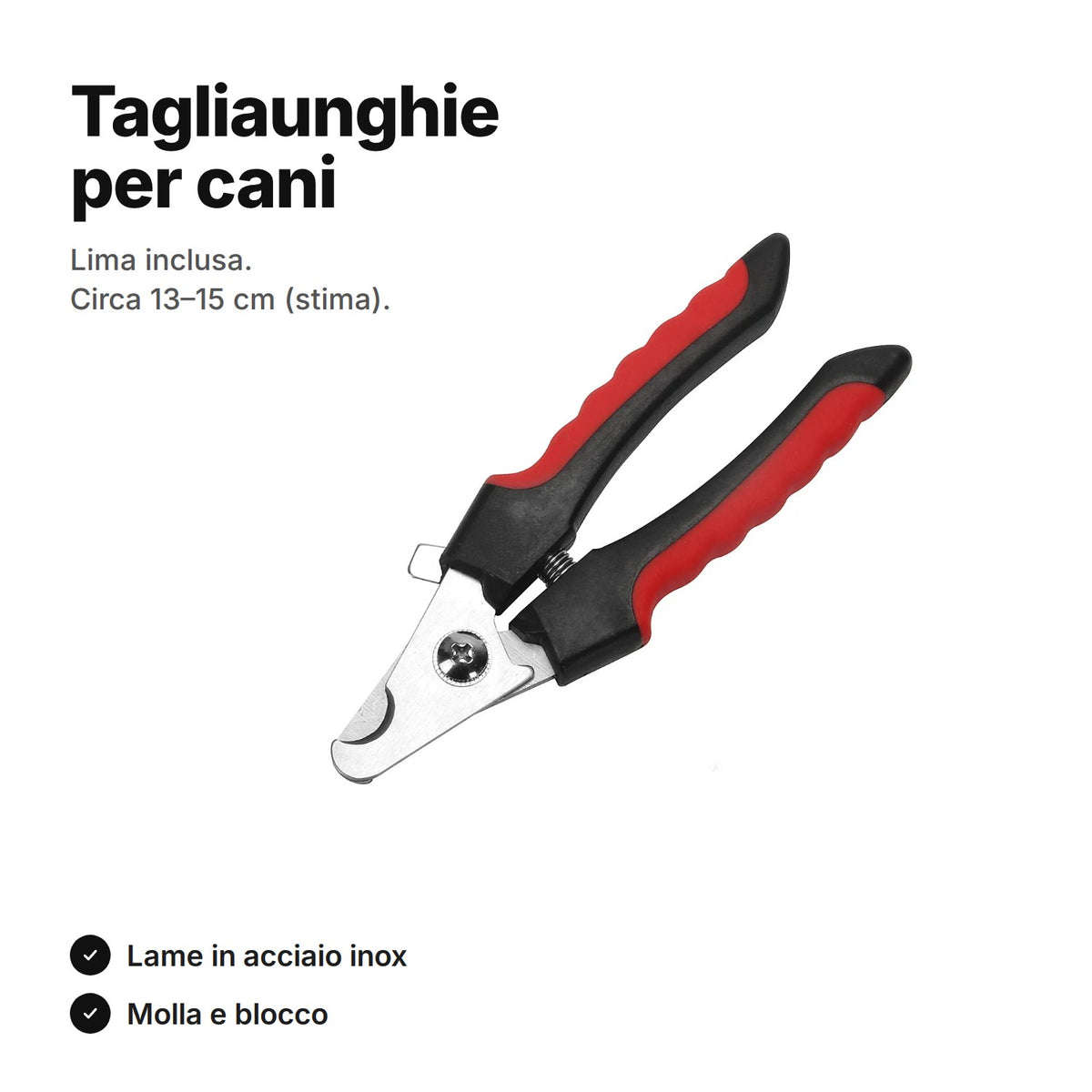 Tagliaunghie per cani e gatti: lame in acciaio inox, molla e blocco, lima inclusa