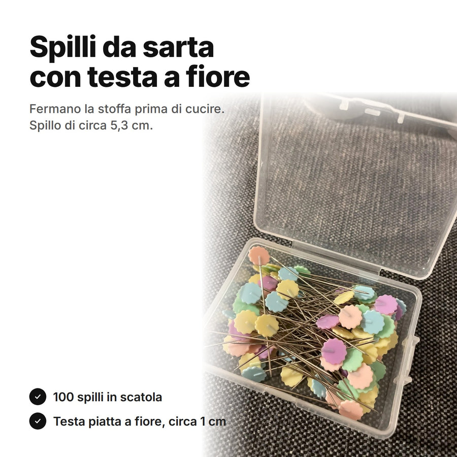 Spilli da sarta con testa a fiore in una scatola aperta – spillo di circa 5,3 cm, 100 pezzi