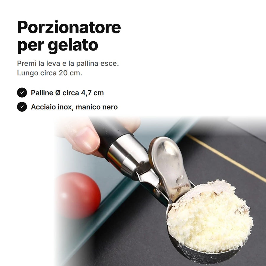 Porzionatore per gelato con leva in acciaio inox e manico nero con la coppa piena – lungo circa 20 cm, palline Ø circa 4,7 cm