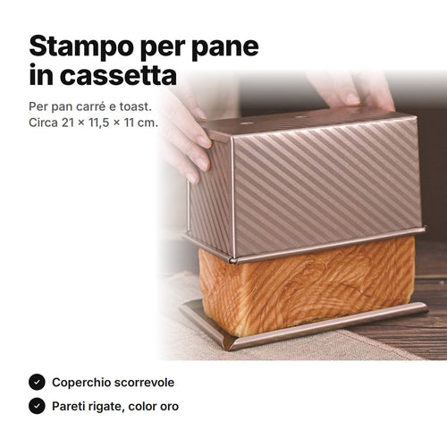 Stampo per pane in cassetta con coperchio, color oro e rigato – circa 21 × 11,5 × 11 cm