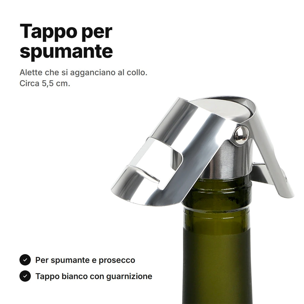 Tappo per spumante in acciaio inox sul collo di una bottiglia, con le alette aperte – circa 5,5 cm