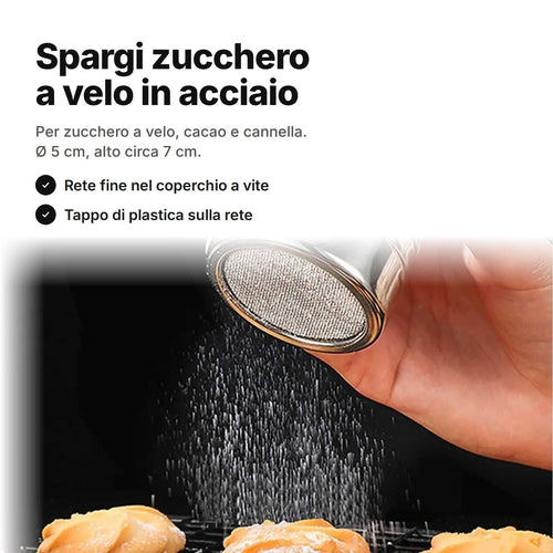 Spargi zucchero a velo in acciaio inox che spolvera zucchero a velo sui biscotti – Ø 5 cm, alto 7 cm, rete fine e tappo