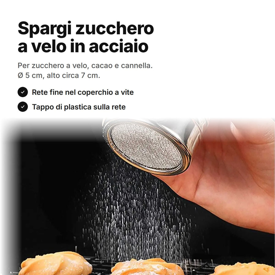 Spargi zucchero a velo in acciaio inox che spolvera zucchero a velo sui biscotti – Ø 5 cm, alto 7 cm, rete fine e tappo