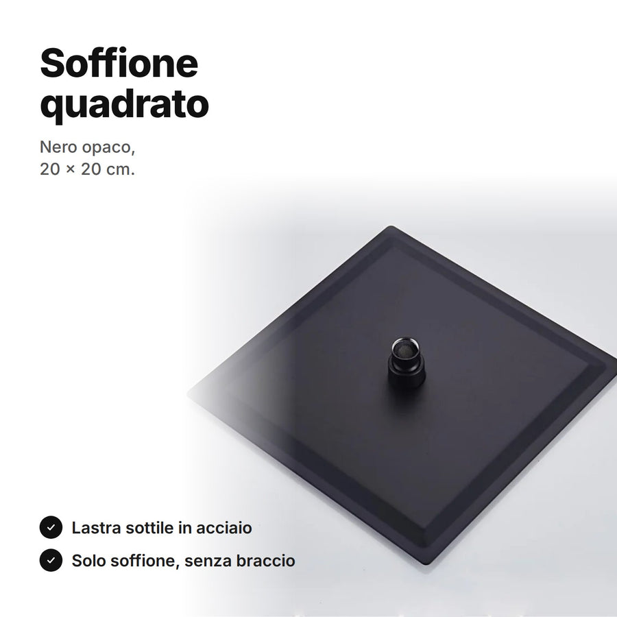 Soffione doccia quadrato nero opaco 20 × 20 cm – lastra sottile in acciaio, solo soffione senza braccio