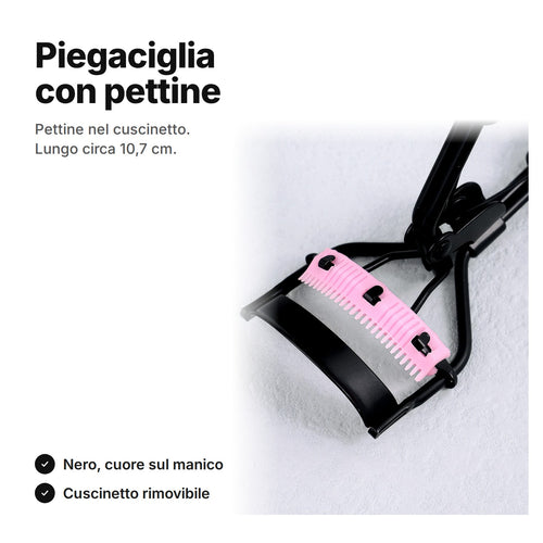 Piegaciglia con pettine: archetto nero e cuscinetto rosa in silicone, lungo circa 10,7 cm